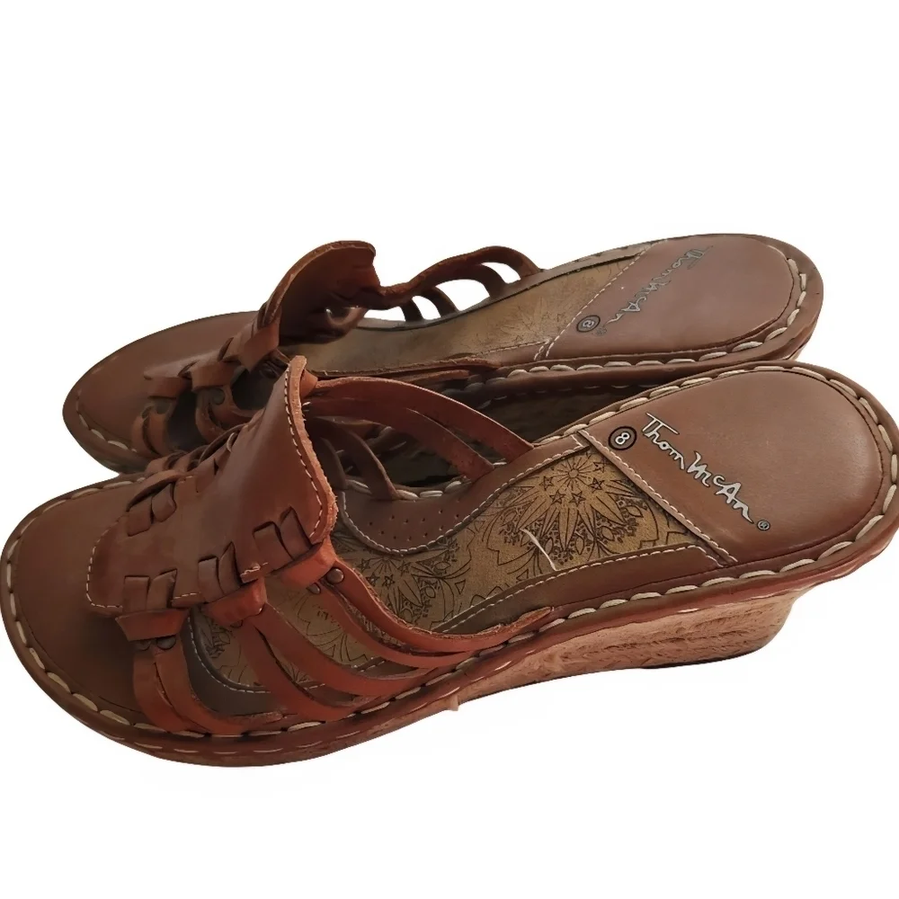 Thom McAn Leather Strappy Espardrille Wedge Slide Sandals Size 8